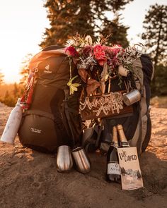 the back pack is full of wine bottles and flowers