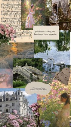 a collage of photos with flowers, trees and buildings in the background that include words from shakespeare's sonnets