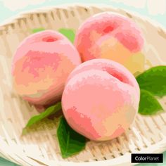 three pink donuts sitting on top of a white plate next to green leafy leaves