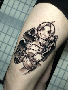 a person with a tattoo on their leg is holding a knife and a barrel in her hand