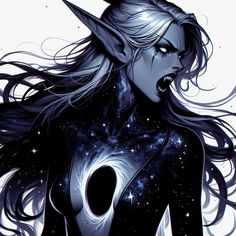 an illustration of a woman with long hair and horns on her head, standing in front of stars