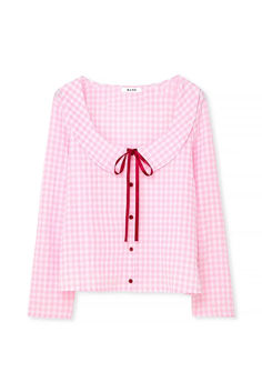 Checked Tie Front Top Trendy Pink Long Sleeve Top For Spring, Pink Long Sleeve Blouse For Loungewear, Long Sleeve Pink Blouse For Fall, Chic Pink Long Sleeve Top For Spring, Pink Long Sleeve Blouse For Fall, Pink Long Sleeve Blouse For Daywear, Pink Button-up Blouse For Loungewear, Chic Long Sleeve Loungewear Blouse, Fall Tie Neck Tops For Daywear