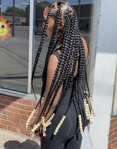 Long black jumbo box braids with beads at the ends Braids Large, Long Cornrows, Jumbo Box Braids, Hair Braid Videos