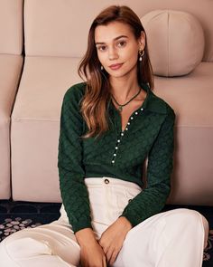 The Dark Green Lapel Ribbed Textured Knit Top - Long Sleeve Ribbed Button Knit Top - Dark Green - Tops | RIHOAS White High Waisted Pants, Blouse Accessories, Dark Green Top, Vintage Slip, Sweater Fits, Ribbed Top, Light Sweater, Knit Sweater Dress, Green Tops