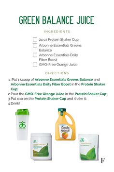 the green balance juice is shown with its ingredients and instructions for it to be used