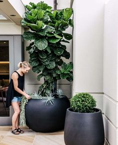 a woman standing next to two large potted plants in front of a building entrance