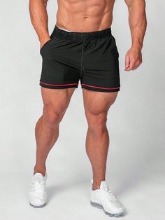 Black  Collar  Fabric Striped  Embellished Slight Stretch  Men Activewear Casual Short Length Boxer Briefs For Gym, Summer Stretch Athletic Shorts For Jogging, Casual Boxer Briefs For Gym, Casual Short Boxer Briefs For Gym, Black Boxer Briefs For Summer Workout, Black Workout Boxer Briefs For Summer, Black Summer Workout Boxer Briefs, Black Boxer Briefs For Summer Training, Casual Red Boxer Briefs For Gym