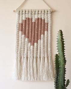 a wall hanging made out of macrame beads and tassels next to a succulent plant