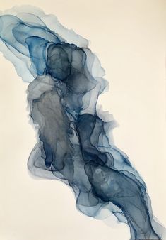 an abstract painting with blue and black ink in it's water, on a white background