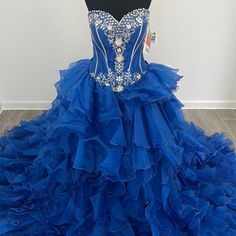 Quinceaera Dress/Royal Blue By Mary’s/Corset Back/Crystal Beaded Embroidered/ New Cottagecore Gown, Black Sequin Prom Dress, Midnight Blue Dress, Ruffled Gown, Mary's Bridal, Purple Prom, Azazie Dresses, Dress Royal Blue, Purple Prom Dress