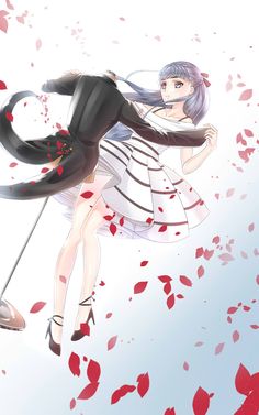 an anime character is flying through the air with red petals on her skirt and shoes