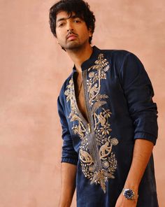 Navy satin embroidered bomber kurta with jogger pant. DELIVERY TIMEPlease allow 8-12 weeks for your outfit to arrive. FABRIC DETAILSSatin Professional cleaning only. Boys Kurta Design, Indian Groom Wear, Sangeet Outfit, Gents Kurta Design, Gents Kurta, Kurta Men, Mens Kurta Designs, Boys Kurta, Men's Ethnic Wear