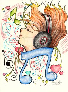 a drawing of a girl with headphones and music notes