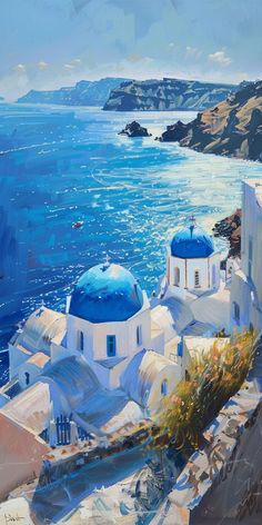 an oil painting of some white buildings by the ocean with blue domes on them and water in the background