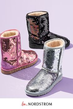 Shimmering sequins add glamorous appeal to a favorite boot lined with plush UGGpure™. Sequin Uggs, Sequin Ugg Boots, Ugg Boots Outfit, Ugg Style Boots, Sequin Boots, Manolo Blahnik Heels, Ugg Classic Short, Short Boot, Vegan Boots