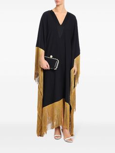 Taller Marmo Very Ross Fringed Kaftan Dress - Farfetch Taller Marmo, Bohemian Wedding Guest, Long Drapes, Draped Sleeves, Yellow Satin, Drape Sleeves, Versace Outfit, Designer Drapes, City Dress