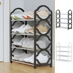 the shoe rack is holding several pairs of shoes