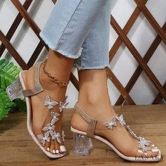 Lasaky - Crystal-heeled Elastic Strap Butterfly adorned Sandals with Pointed Toe and Floral Design for Stylish and Comfortable Fit Clear Platform Heels, Clear Chunky Heels, Butterfly Embellishment, Crystal Heels, Floral Sandals, Flower Sandals, Floral Heels, Mid Heel Sandals, Stylish Sandals