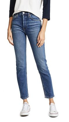 RE/DONE High Rise Comfort Stretch Ankle Crop Jeans | SHOPBOP Jeans Outfit Women Casual, Outfit Women Casual, Jeans Casual Outfit, Jeans For Ladies, Zippers Fashion, Mens Fashion Edgy, Denim Day, Comfortable Jeans, Ankara Style