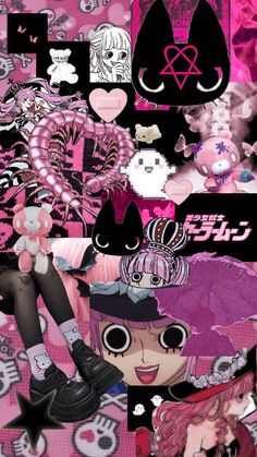 a collage of anime characters with pink and black hair, cat ears, hearts, stars