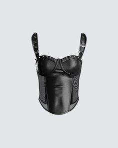 It's time to have some fun 😈 Unleash your wild side with this black vegan leather corset top. With underwire cups, stud spike detail, mesh panels, and adjustable belt straps - you'll have all the support, style, and sultry vibes you need for a perfect night out 🖤 Note: this is faux leather as we don't use any real animal products in our fits ✨ Gothic Oc, Virtual Wishlist, Leather Corset Top, White Corset Dress, Ribbed Maxi Dress, Chain Dress, Red Mini Skirt, Pink Corset, Orange Satin