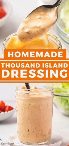 homemade thousand island dressing in a glass jar with a spoon full of dressing and the title overlay reads homemade thousand island dressing