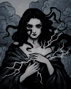 a drawing of a woman with lightning coming out of her chest and hands on her chest