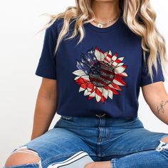 America Sunflower Shirt, USA Flag Flower Tee, Patriotic Shirt, 4th Of July Flag  Shirt, Freedom Shirt, Independence Shirt, Gift For American 🌎 Welcome to SoftWardrobeGifts 🛍️🎁 Hello, welcome to our store. If you are looking for stylish, comfortable, aesthetic and quality products, you are at the right place. Our store works devotedly to make you and your loved ones happy. We made your shopping more enjoyable and fun. 🤩 You can send your favorite moments, photos of your family members, photos Spring Shirt With Flag Print And Short Sleeves, Spring Short Sleeve Shirt With American Flag Print, Short Sleeve Shirt With American Flag Print For Spring, Spring Short Sleeve Shirt With Flag Print, Spring American Flag Print Crew Neck Shirt, American Flag Print Crew Neck Shirt For Spring, Spring Crew Neck Shirt With American Flag Print, Spring American Flag Short Sleeve T-shirt, Blue Patriotic T-shirt For Spring