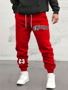 Men's Loose Fit Letter Printed Sweatpants With Drawstring Waist Red    Fabric Letter Jogger Slight Stretch All Men Clothing, size features are:Bust: ,Length: ,Sleeve Length: Men Sweatpants, Red Sweatpants, Pocket Sweatpants, Printed Sweatpants, Joggers Outfit, Fabric Letters, Red Collar, Printed Drawstring, Men's Sweatpants