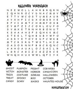 a halloween word search is shown with bats and spider webs on the bottom right hand corner