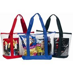 three bags with different designs on them and one has a zippered closure to the side