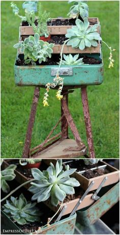 an old table with some succulents in it and the same planter on top