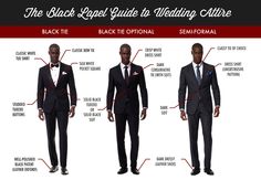 Guide to Wedding Attire - Men #charm www.charmetiquette.com Men’s Black Tie Wedding Guest, Black Tie Wedding Mens Attire, Black Men Wedding Attire Guest, Black Tie Wedding Guest Dress Men, Black Formal Attire For Men, Black Suit Wedding Guest, Black Tie Suits For Men, Men Black Tie Wedding Guest Attire, Formal Wedding Guest Attire Men