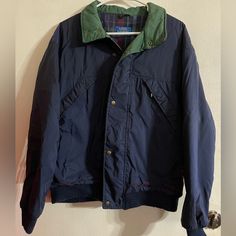 See Photos! Great Jacket! Vintage Navy Outerwear For Outdoor, Classic Blue Outerwear For Cold Weather, Navy Vintage Outerwear With Pockets, Vintage Blue Sport Coat For Fall, Classic Navy Outerwear For Outdoor, Vintage Navy Outerwear For Winter, Pendleton Jacket, Coats Vintage, Men's Coats And Jackets