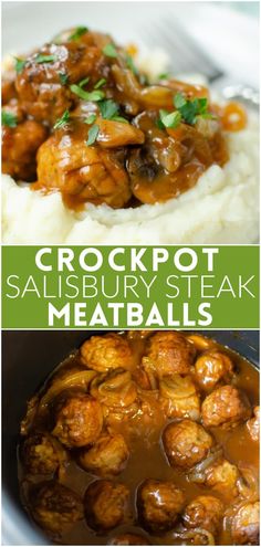 crockpot salisbury steak meatballs with gravy on top