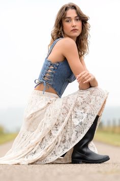 Sage Denim Corset Top in Denim Bridal Party In Jeans, Denim Cowgirl Outfit, Denim Vest Outfit, Women Lace Blouse, Denim Corset Top, Corset Outfit, Lace Corset Top, Denim On Denim, Denim Crop Top