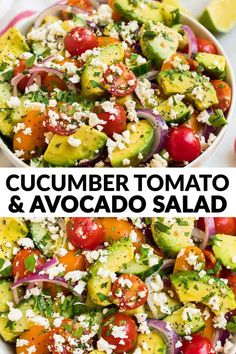 cucumber tomato and avocado salad with feta cheese in a bowl