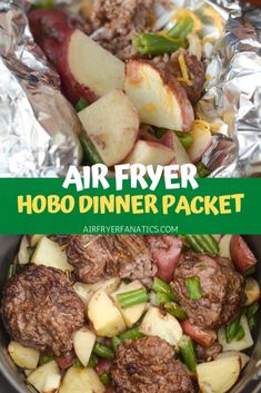 an air fryer with potatoes, meat and green beans in it is shown on the cover