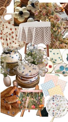 a collage of photos with cakes, flowers and other items on display for sale