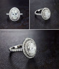 four different views of an engagement ring with diamonds on top and bottom, including the center stone