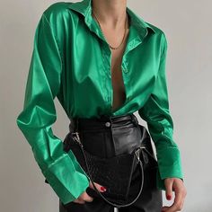 Satijnen Blouses, Green Silk Shirt, Blouses Vintage, Long Sleeve Blouses, Cardigan Casual, Satin Long Sleeve, Casual Shirt Women