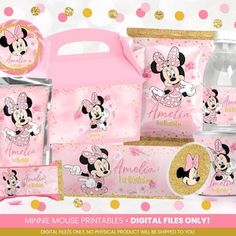 minnie mouse birthday party package with pink and gold decorations, water bottle, candy wrappers, and napkins