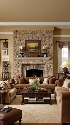 a living room filled with lots of furniture and a fire place in the middle of it