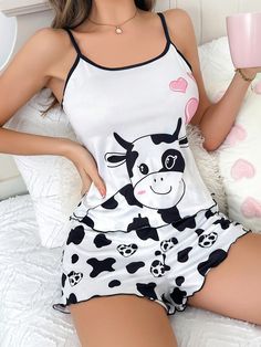 Cute Cow & Heart Printed 2pcs Women's Pajama Set Multicolor Cute  Sleeveless Knitted Fabric Cartoon,Textured Pattern Short Sets Slight Stretch All Women Sleep & Lounge, size features are:Bust: ,Length: ,Sleeve Length: Cow Heart, Cow Prints, Sleepwear Women Pajamas, Cute Pajama Sets, Pyjama Sets, Cute Cow, Cute Pajamas, Makeup Makeover, Womens Pyjama Sets