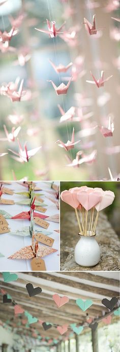 several different pictures with pink and green paper cranes