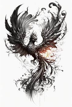 a black and white drawing of a bird with flames coming out of it's wings