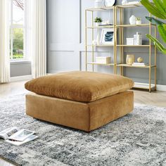 a large brown ottoman sitting on top of a rug next to a book shelf filled with books