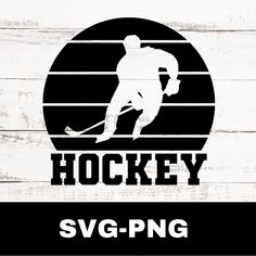 the hockey svg - png logo is shown in black and white on a wooden background