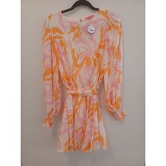 New Flying Tomato Mini Dress Womens Sz S Orange Pink Abstract Lined Belted Nwt Pink Long Sleeve Summer Dress, Casual Peach Mini Dress For Spring, Casual Peach Mini Dress For Brunch, Flowy Orange Mini Dress For Spring, Peach Mini Dress For Spring Vacation, Orange Mini Dress For Spring Garden Party, Spring Orange Mini Dress For Garden Party, Casual Peach Dress For Brunch, Peach Spring Dress For Day Out