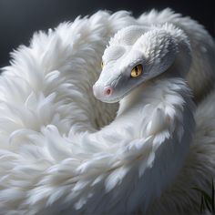 a white snake with yellow eyes is curled up in a fluffy, fuzzy ball on the ground